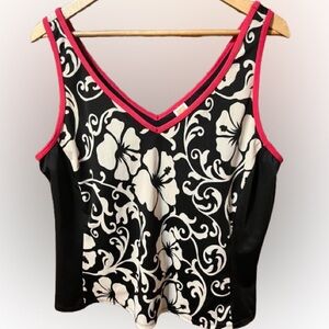 Tropical Escape Floral V-Neck Women’s Tankini Black and White with Red Trim 22W